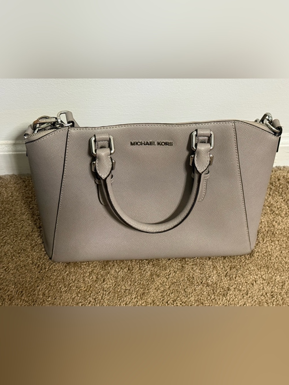MICHAEL KORS Gray Saffiano Leather Satchel